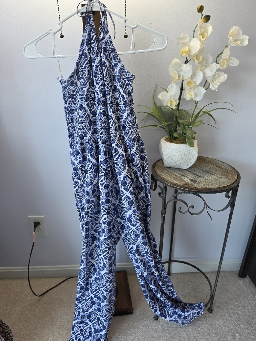 #2644, Patrons of Peace blue tile print smocked halter wide leg jumpsuit size m
